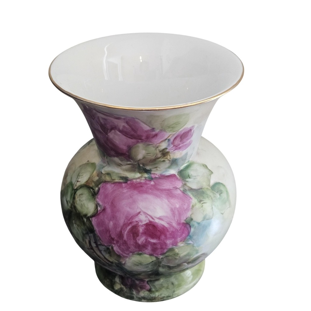 Bavaria Tirschenreuth Germany Porcelain Floral Rose Vase Gold Trim Vintage 8.25"
